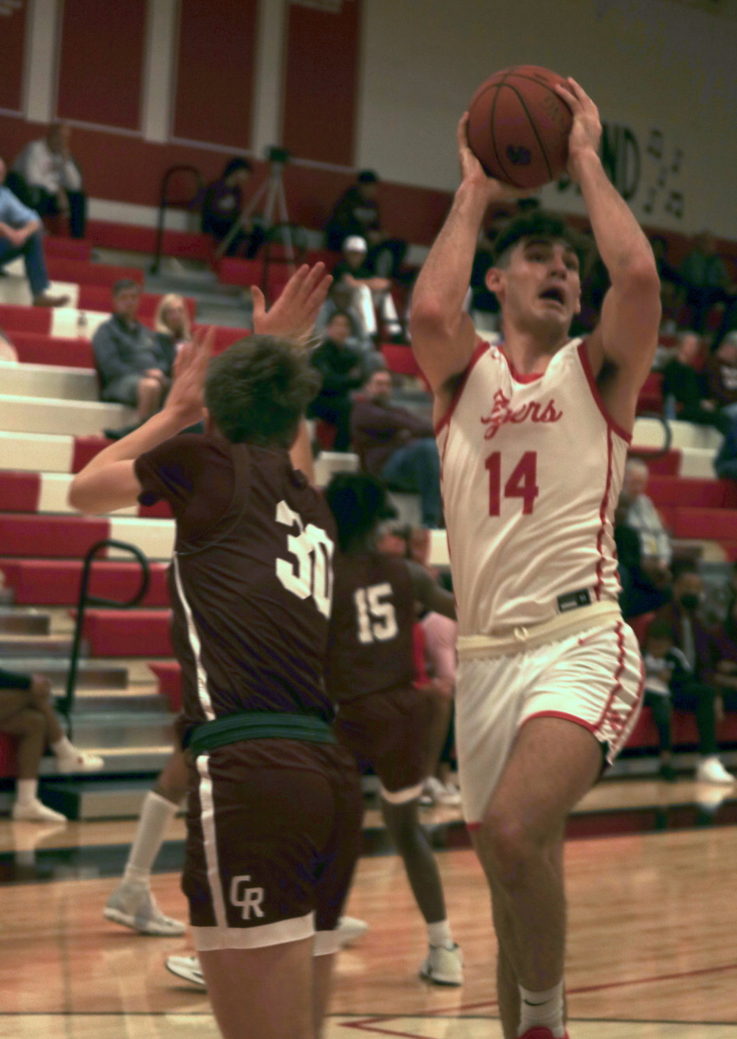 Katy’s Aydan Perdue shoots a layup during Saturday’s game against Cinco Ranch at the Katy gym.