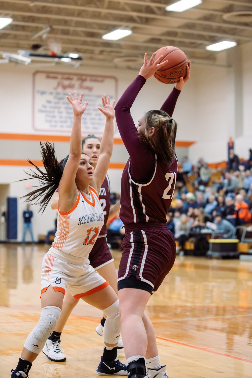 Seven Lakes KK Tucker defends during Tuesday's game against Cinco Ranch.