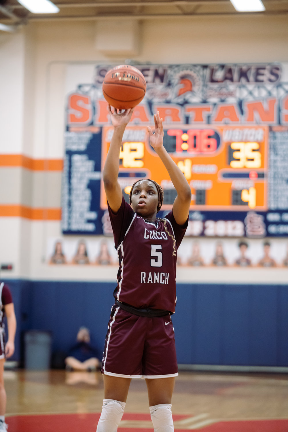 Cinco Ranch's Aniya Foy shoots a free throw during Tuesday's game against Seven Lakes.