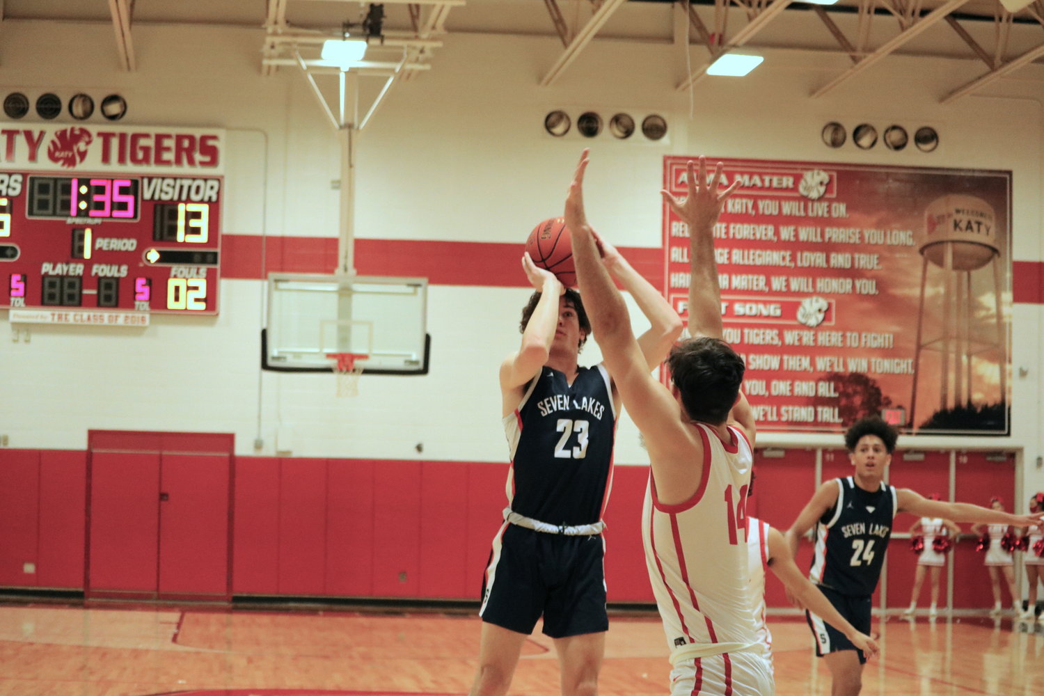 Ethan Van Horn shoots a jump shot during Saturday’s District 19-6A game between Seven Lakes and Katy at the Katy gym.