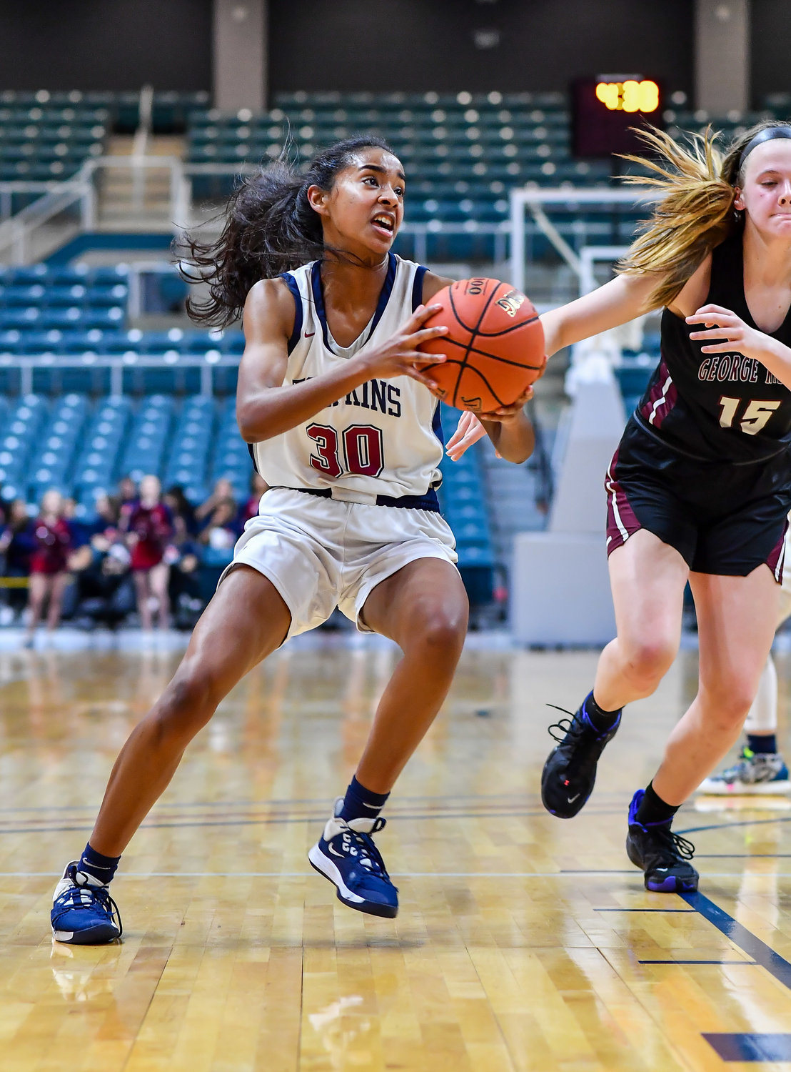 Katy Tx. Feb 15, 2022: Tompkins Tanya Philip #30 drives to the basket during the Bi-District playoff, Tompkins vs George Ranch. (Photo by Mark Goodman / Katy Times)