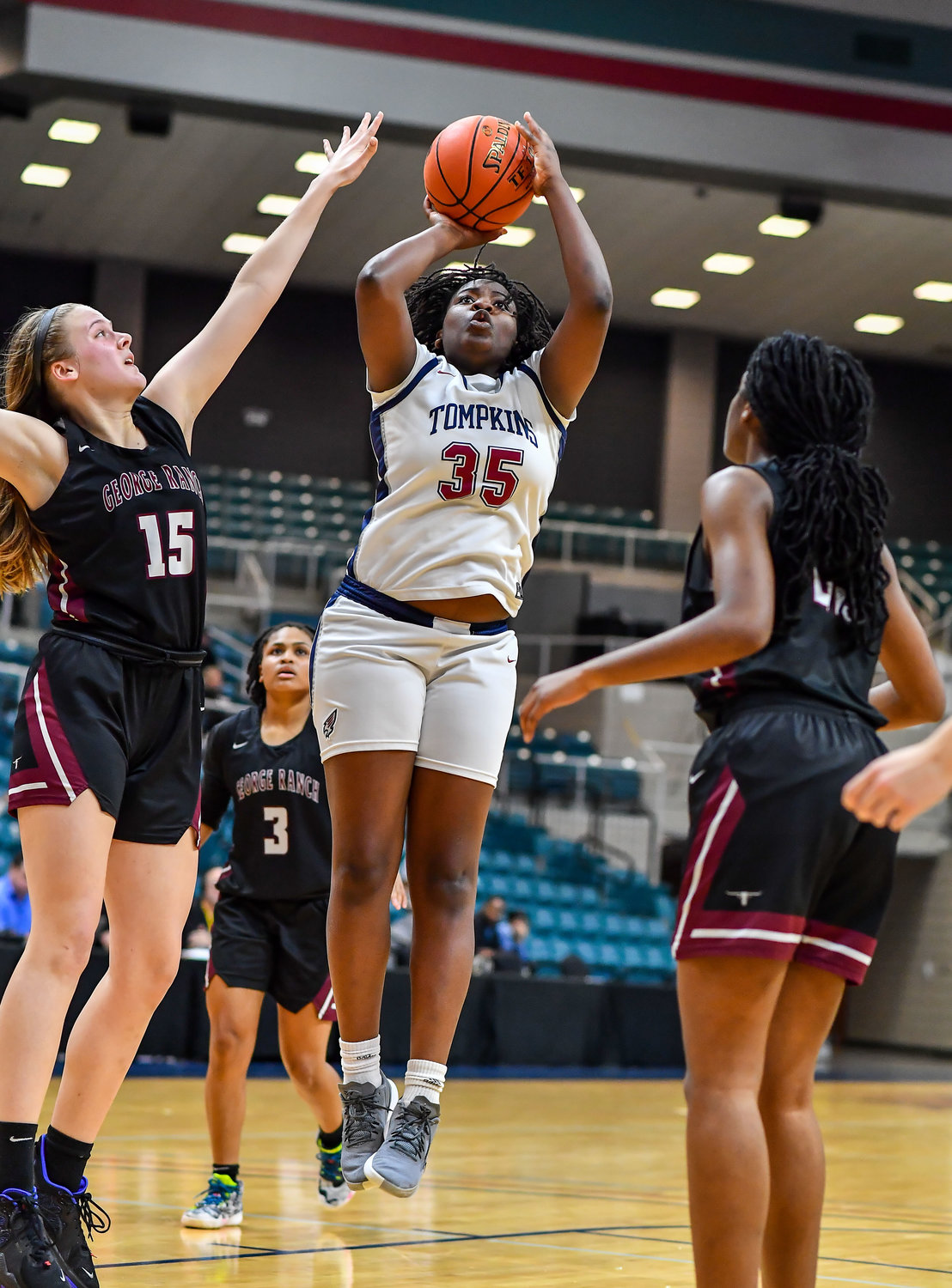 Katy Tx. Feb 15, 2022: Tompkins Fiyin Adeleye #35 goes up for the shot during the Bi-District playoff, Tompkins vs George Ranch. (Photo by Mark Goodman / Katy Times)