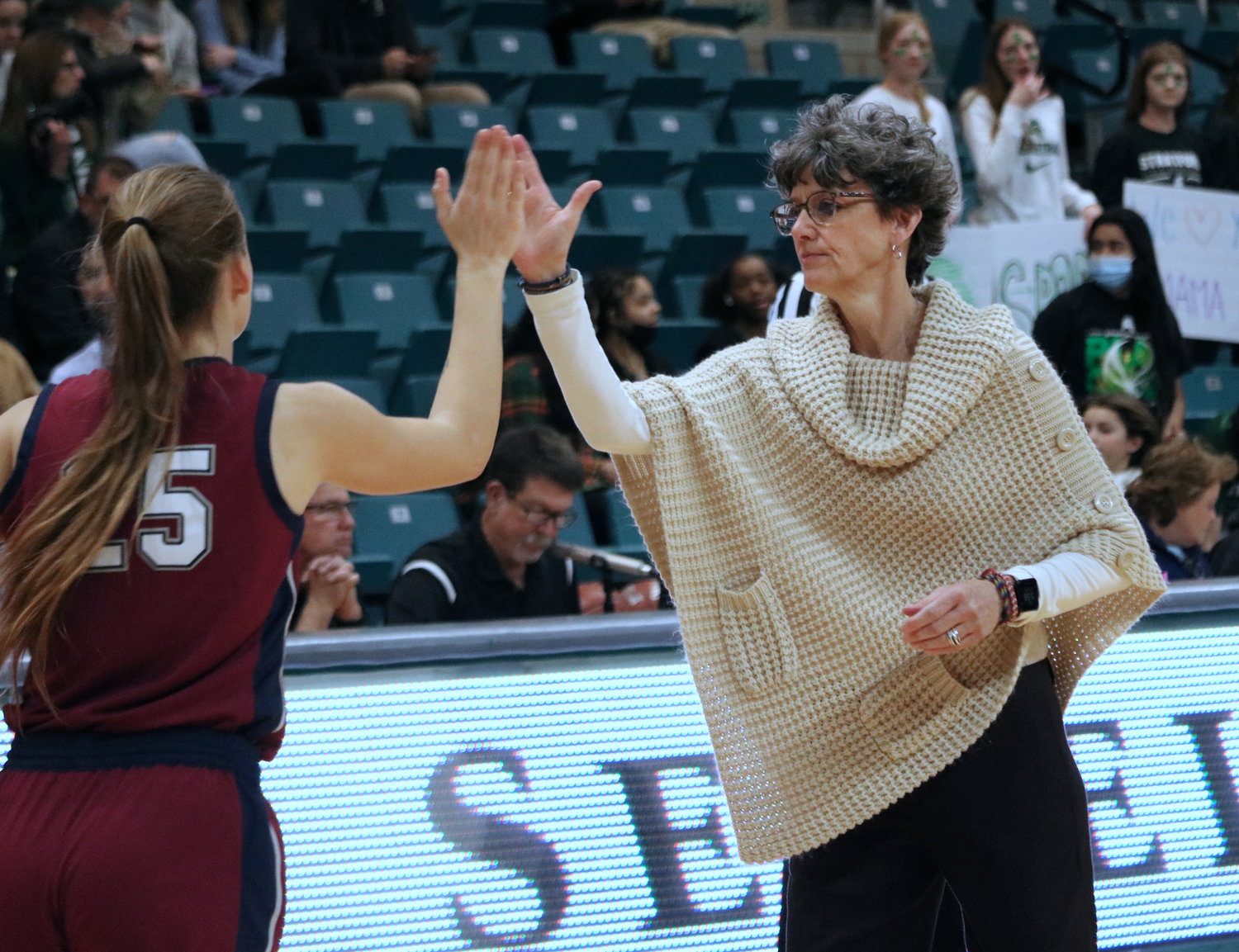 Tompkins head coach Tammy Ray gets ready for Friday’s game between Tompkins and Stratford at the Merrell Center.