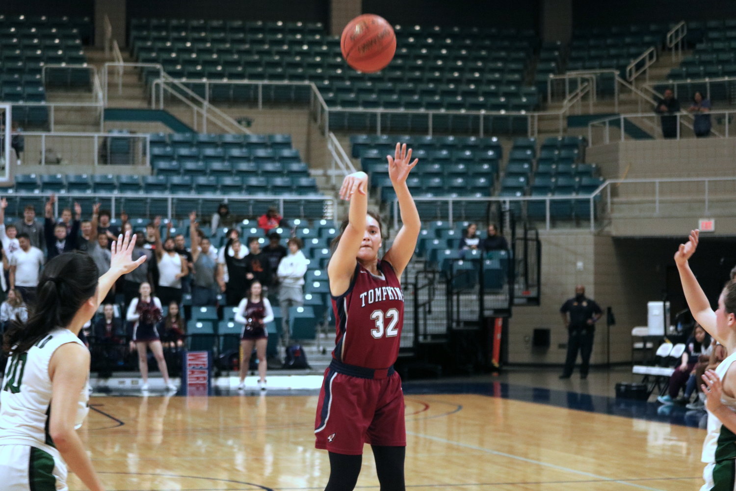 Rihanna DeLeon shoots a three pointer during Friday’s game between Tompkins and Stratford at the Merrell Center.