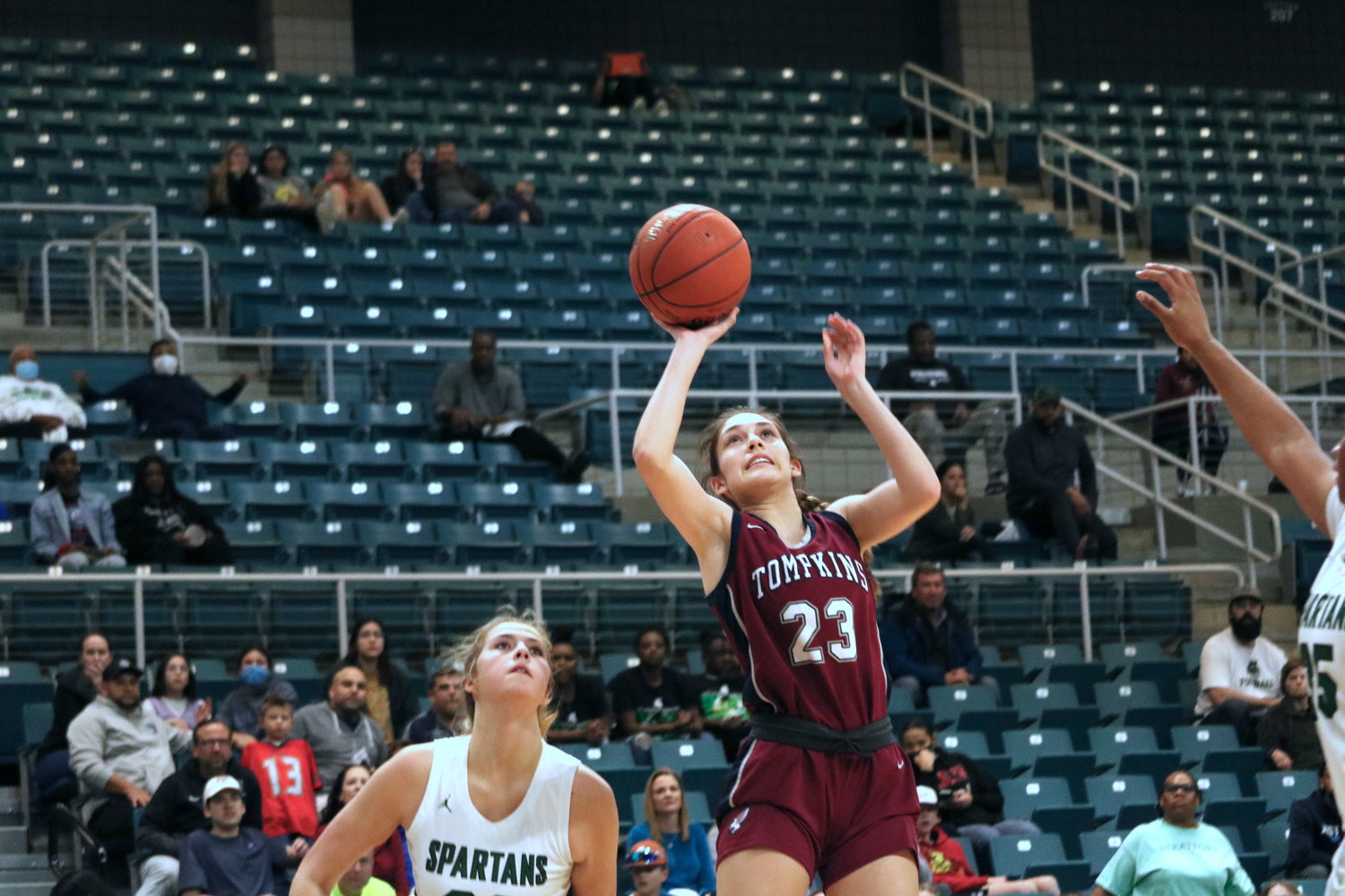 Bella Riggin shoots a layup during Friday’s game between Tompkins and Stratford at the Merrell Center.