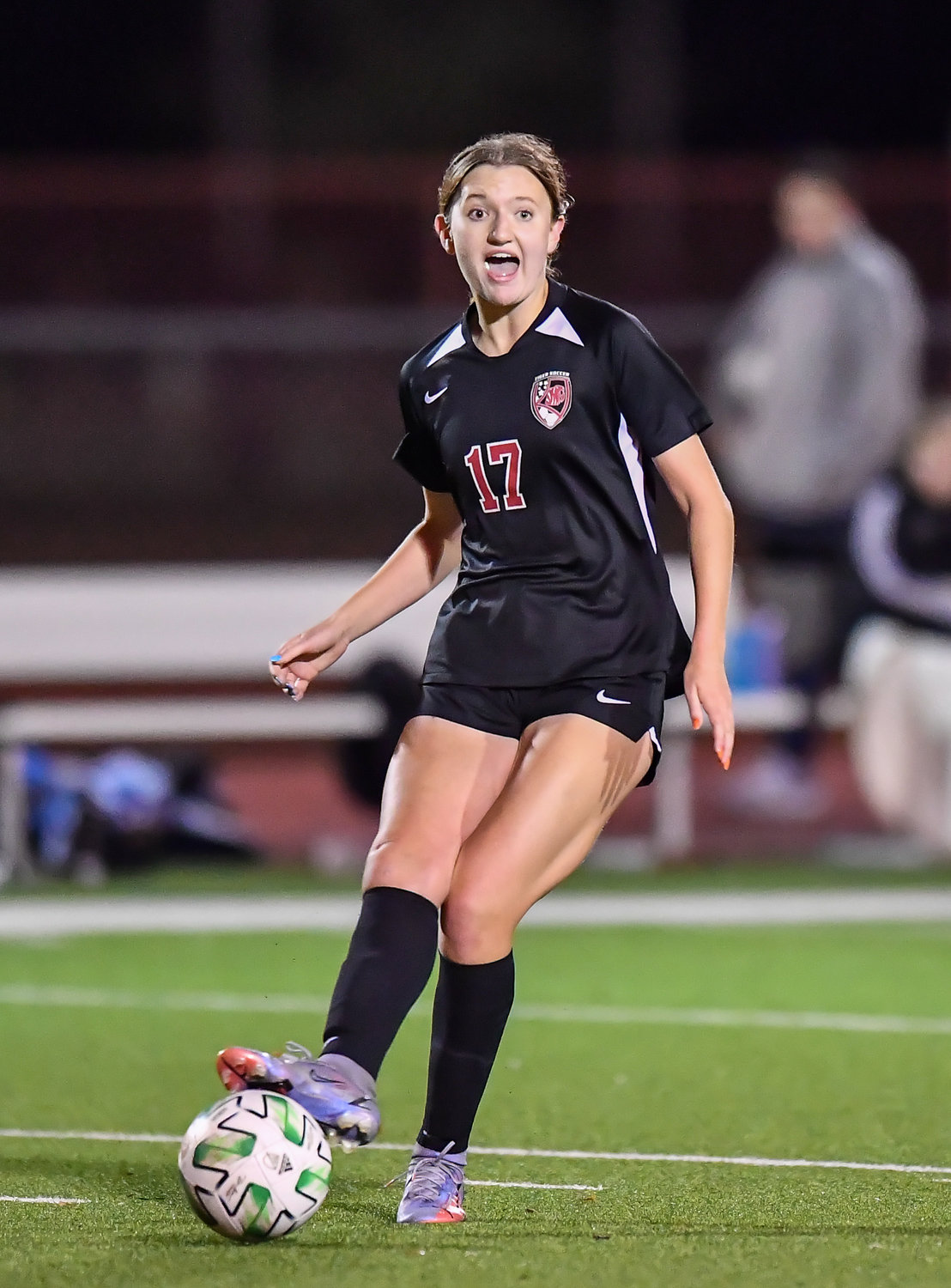 March 8, 2022: Katy's Kailey Adams #17 delivers the pass off during the Katy vs Katy Taylor soccer match at KHS. (Photo by Mark Goodman / Katy Times)