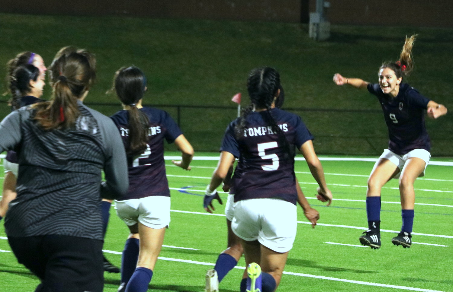Valentina Gianinetto celebrates after making the winning penalty kick during Friday’s Class 6A bi-district round game between Tompkins and George Ranch at Rhodes Stadium.