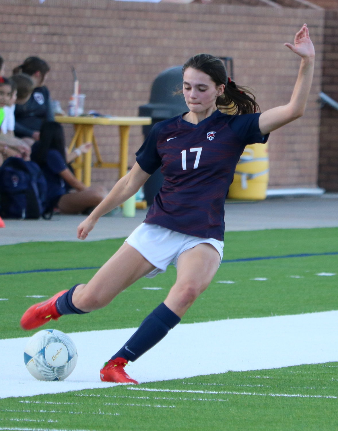 Kayla Boven crosses the ball during Friday’s Class 6A bi-district round game between Tompkins and George Ranch at Rhodes Stadium.