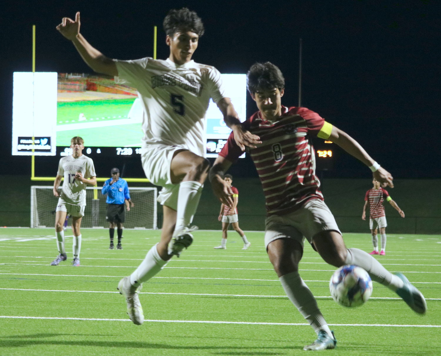Rafa Gonzales tries to shoot a ball as a defender challenges during Friday’s Class 6A bi-district round game between Tompkins and Ridge Point at Rhodes Stadium.