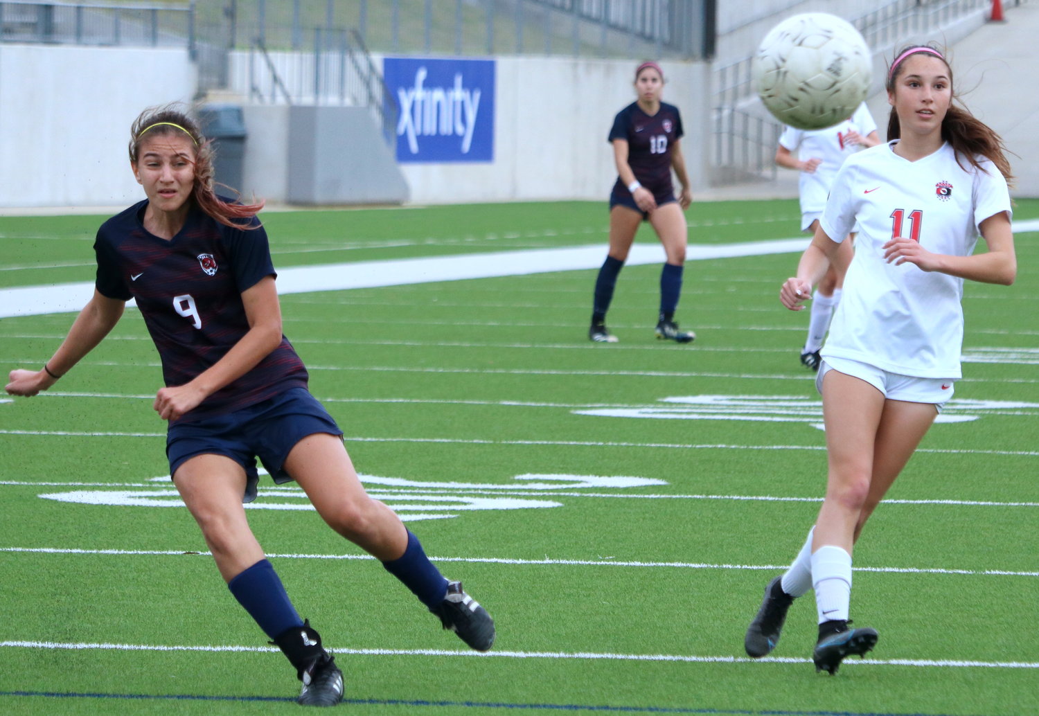 Valentina Gianinetto shoots during Tuesday’s Class 6A area round game between Tompkins and Bellaire at Legacy Stadium.