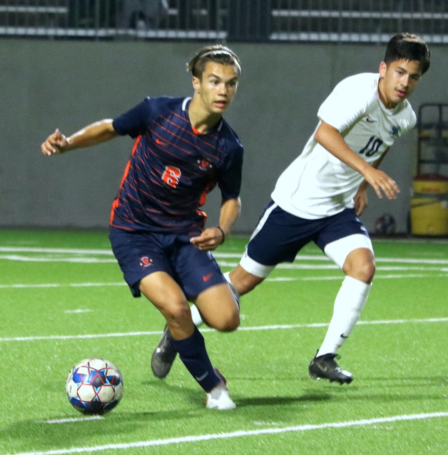 Kortay Koc dribbles past a defender during Tuesday’s Class 6A area round game between Seven Lakes and Cy-Ridge at Legacy Stadium.