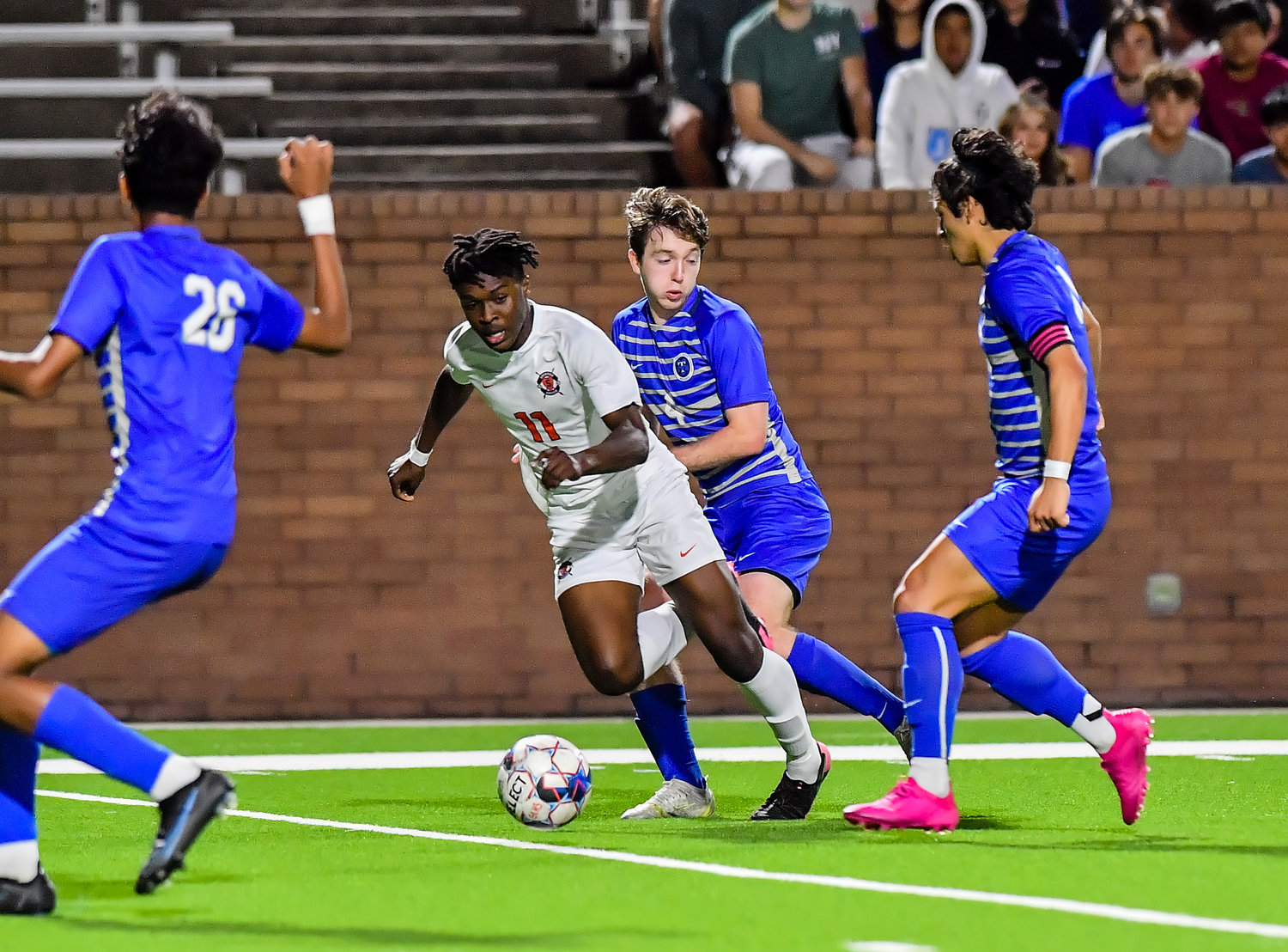 April 1, 2022: Seven Lakes Daniel Ejerenwa #11 goes for the ball during Regional Quarterfinal soccer playoff, Seven Lakes vs Katy Taylor at Rhode Stadium. (Photo by Mark Goodman / Katy Times)
