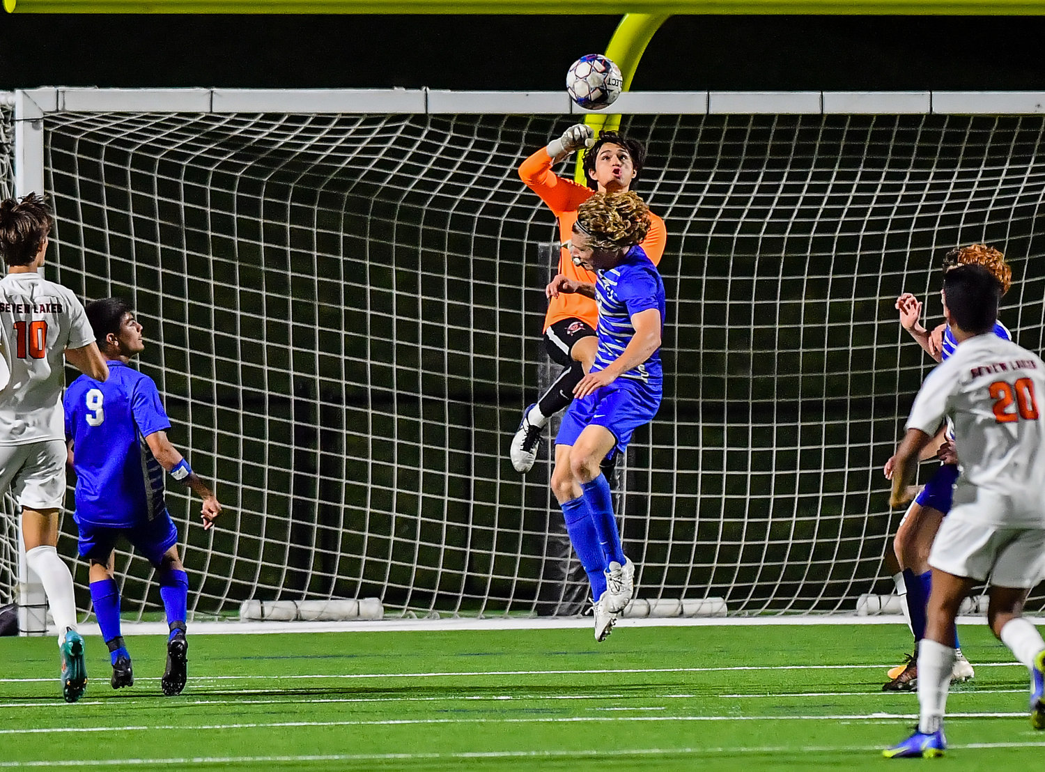 April 1, 2022: Seven Lakes goal keeper Anthony Gonzalez #1 makes the save during Regional Quarterfinal soccer playoff, Seven Lakes vs Katy Taylor at Rhode Stadium. (Photo by Mark Goodman / Katy Times)
