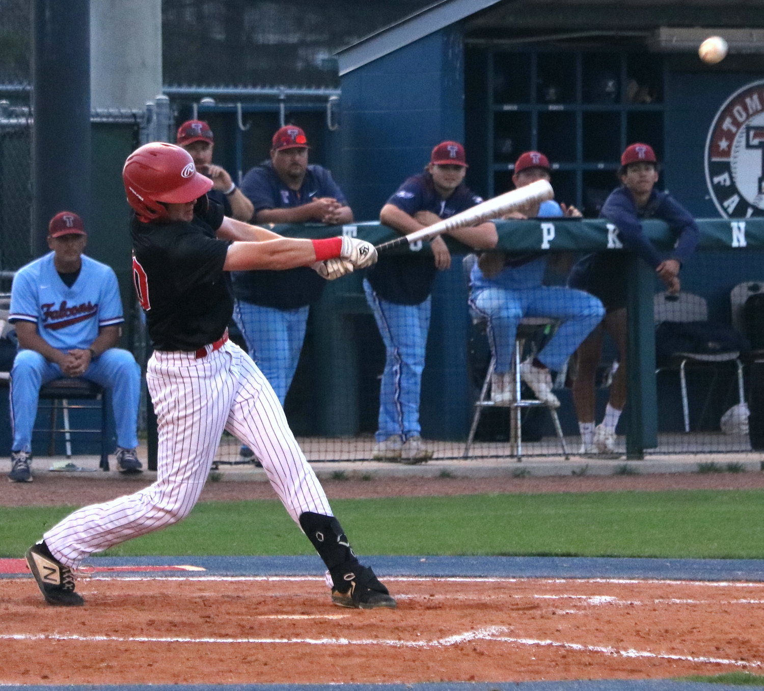 Sutton Hull hits during Tuesday’s District 19-6A game between Katy and Tompkins at the Tompkins baseball field.