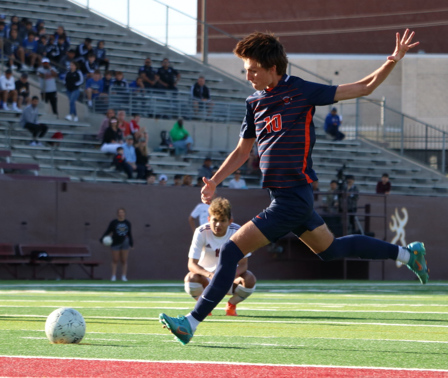 Aidan Morrison shoots a penalty kick during Friday’s Class 6A Region III Final between Seven Lakes and Deer Park at Abshire Stadium in Deer Park.