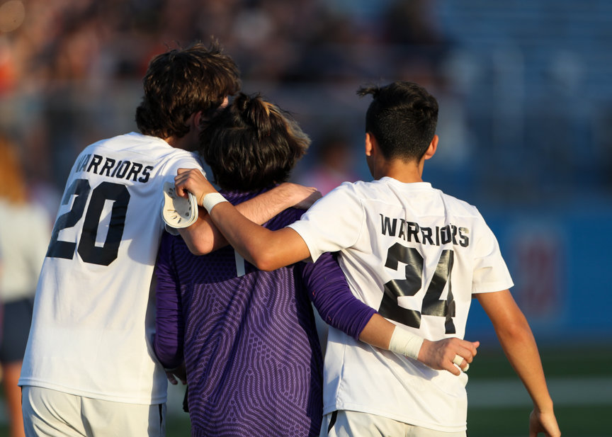 Jordan midfielder Sam Paterson (20), goalkeeper Elijah Betancourt (1) and midfielder Greg Hein (24) leave the field after a 1-0 loss to Dripping Springs in the Class 5A boys state semifinal on April 14, 2022 in Georgetown, Texas.