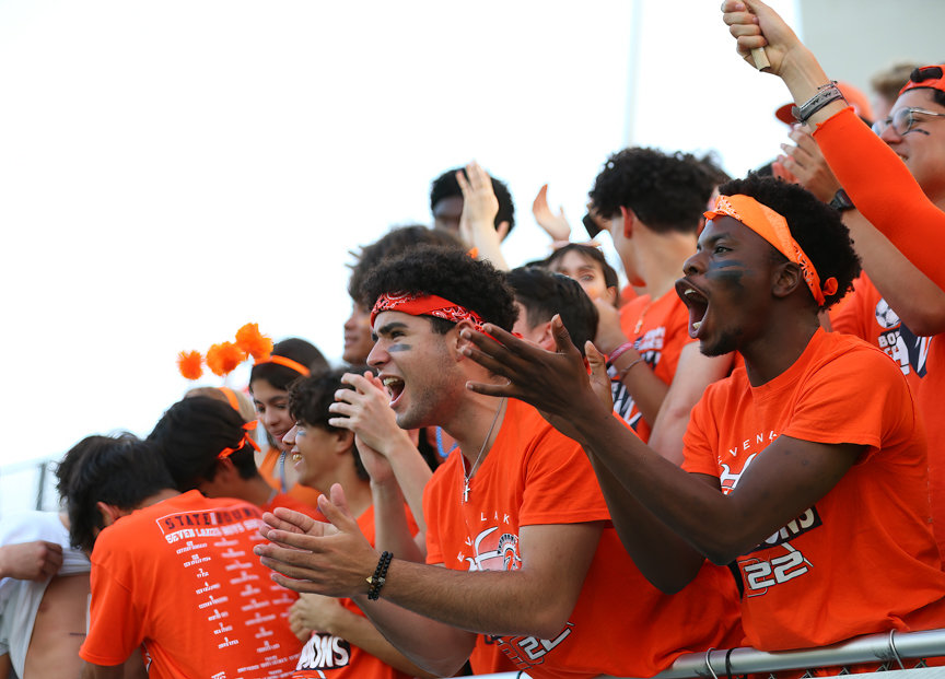 Seven Lakes students cheer during the Class 6A boys state semifinal between Katy Seven Lakes and Plano on April 15, 2022 in Georgetown, Texas.