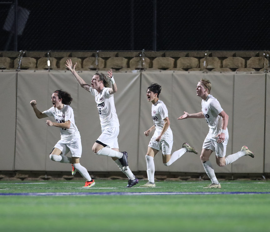 The Plano Wildcats celebrate a second goal in the Class 6A boys state semifinal between Katy Seven Lakes and Plano on April 15, 2022 in Georgetown, Texas.
