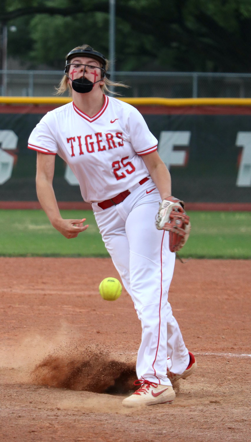 Cameryn Harrison pitches during Tuesday’s game between Katy and Taylor at the Katy softball field.