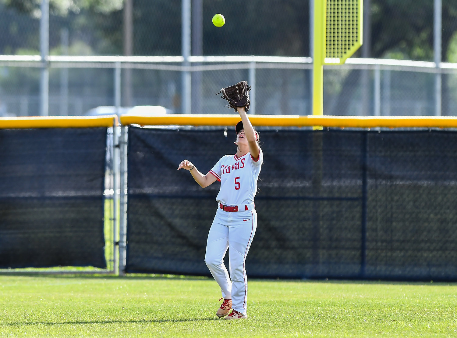 May 13, 2022: Katy's Erynne Castillo #5 makes the catch for an out during the first inning of Regional Quarterfinal  playoff between Katy and Cinco Ranch at Katy HS. (Photo by Mark Goodman / Katy Times)