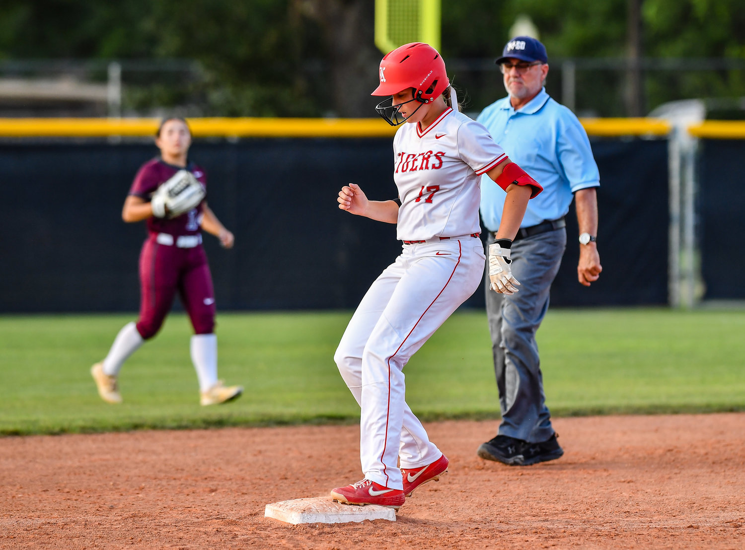 May 13, 2022: Katy's Montgomery Henderson #17 reaches second base for a standup double during the Regional Quarterfinal playoff between Katy and Cinco Ranch at Katy HS. (Photo by Mark Goodman / Katy Times)