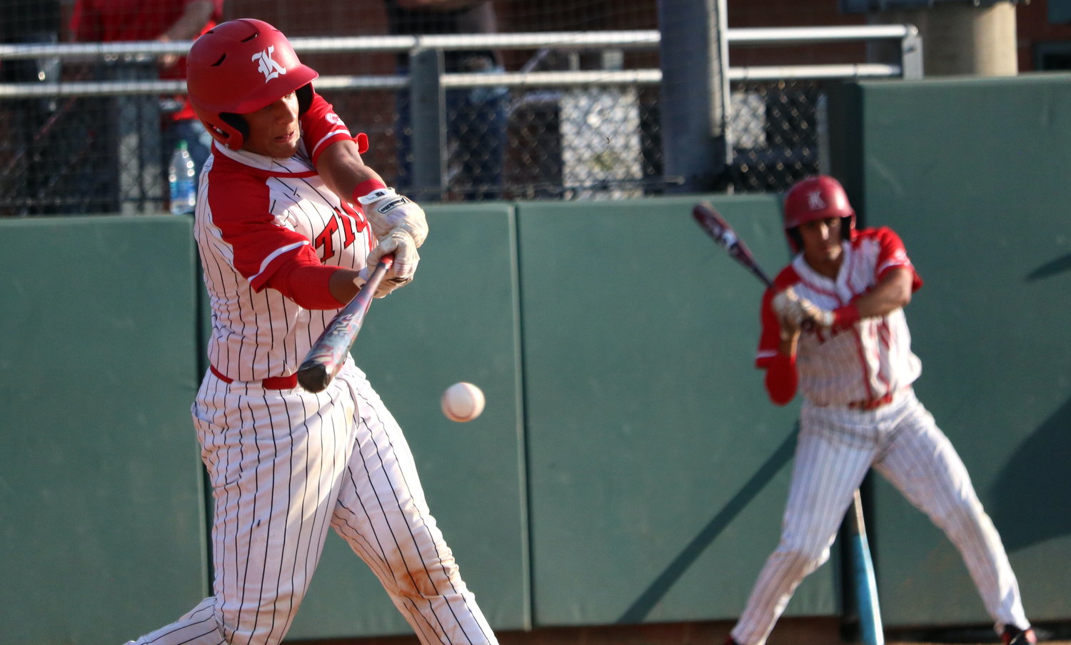 Reese Ruderman hits during Friday’s area round game between Katy and Jersey Village at the Katy baseball field.