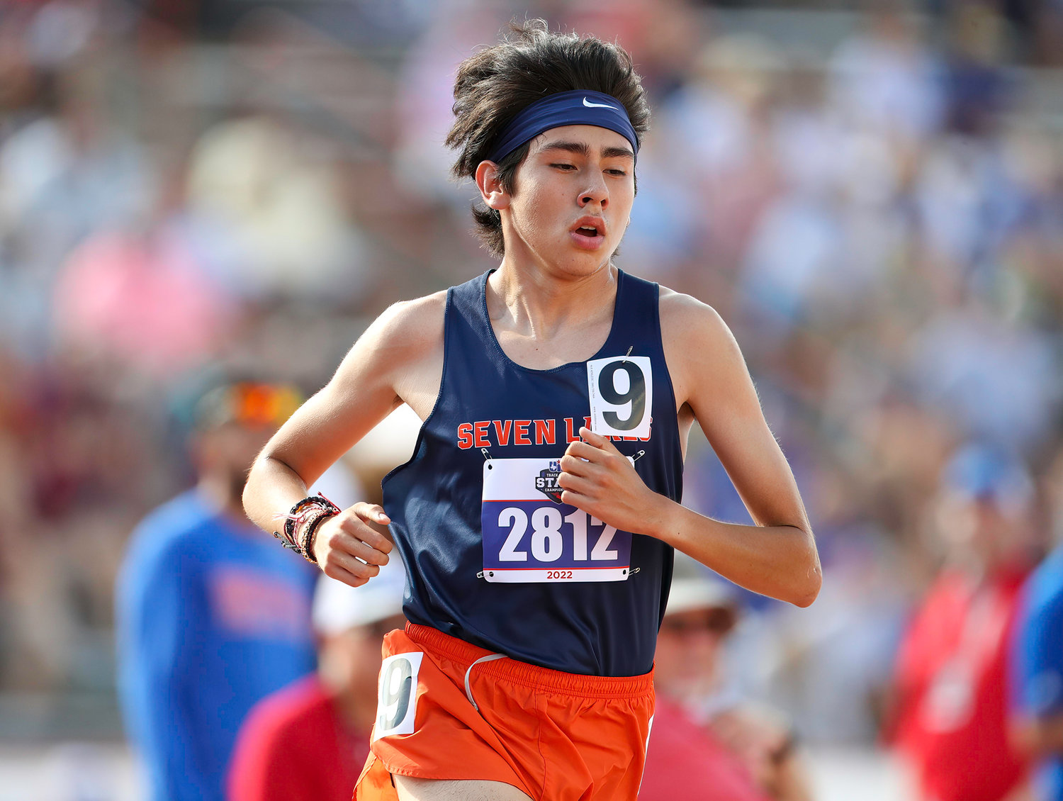 Ruben Rojas of Seven Lakes High School runs in the Class 6A boys 3200-meter run at the UIL State Track and Field Meet on May 14, 2022 in Austin, Texas.