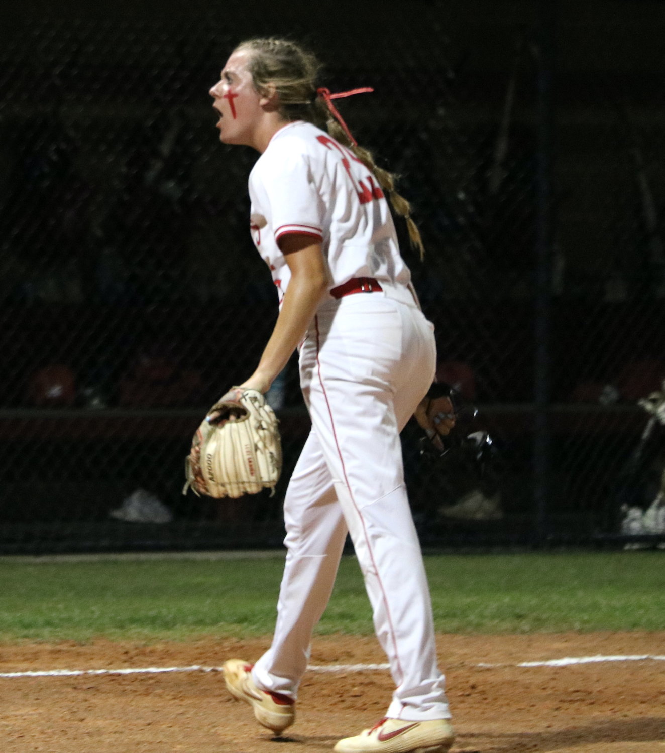 Cameryn Harrison reacts after striking out a hitter during Wednesday’s Class 6A Regional Semifinal game between Katy and Pearland at the Katy softball field.