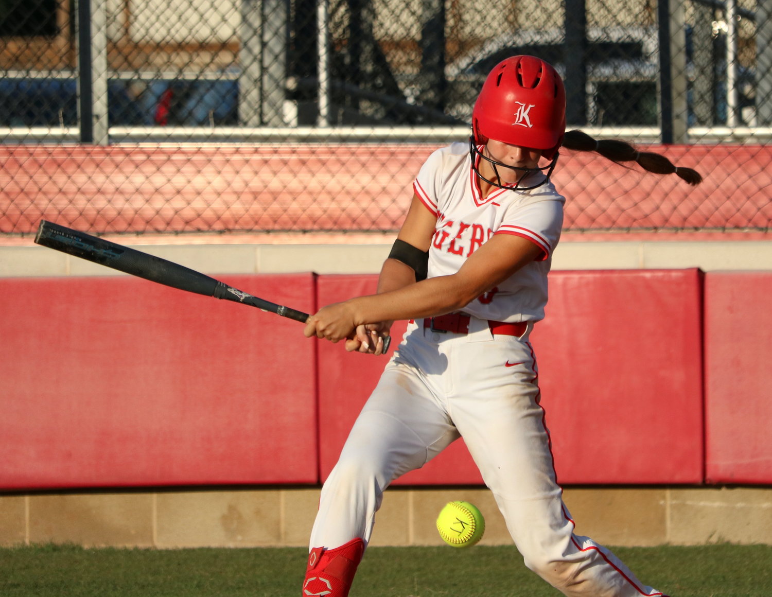 Kailey Wyckoff hits during Wednesday’s Class 6A Regional Semifinal game between Katy and Pearland at the Katy softball field.