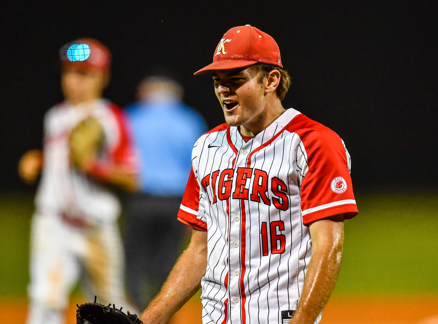 Katy's Brayden Powers (16) shows some emotion after getting out of the fifth inning with two runners on in a Region III-6A Regional SemiFinals baseball game between Katy and Strake Jesuit at Mayde Creek High School, Friday, May 27, 2022.