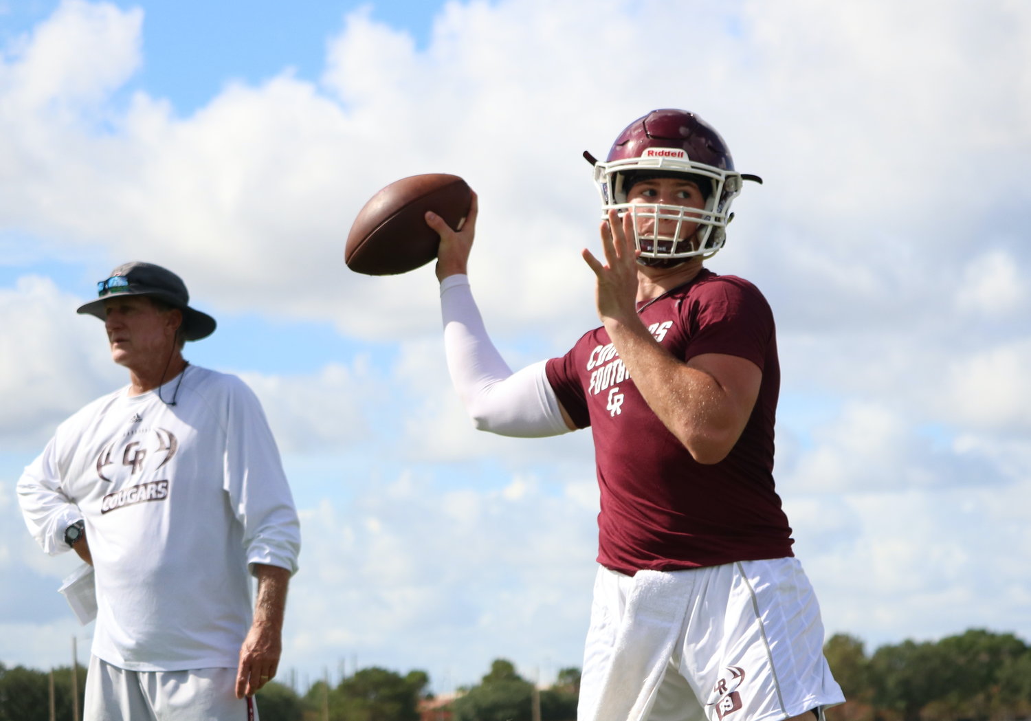 Gavin Rutherford throws a pass during Monday’s Cinco Ranch practice.