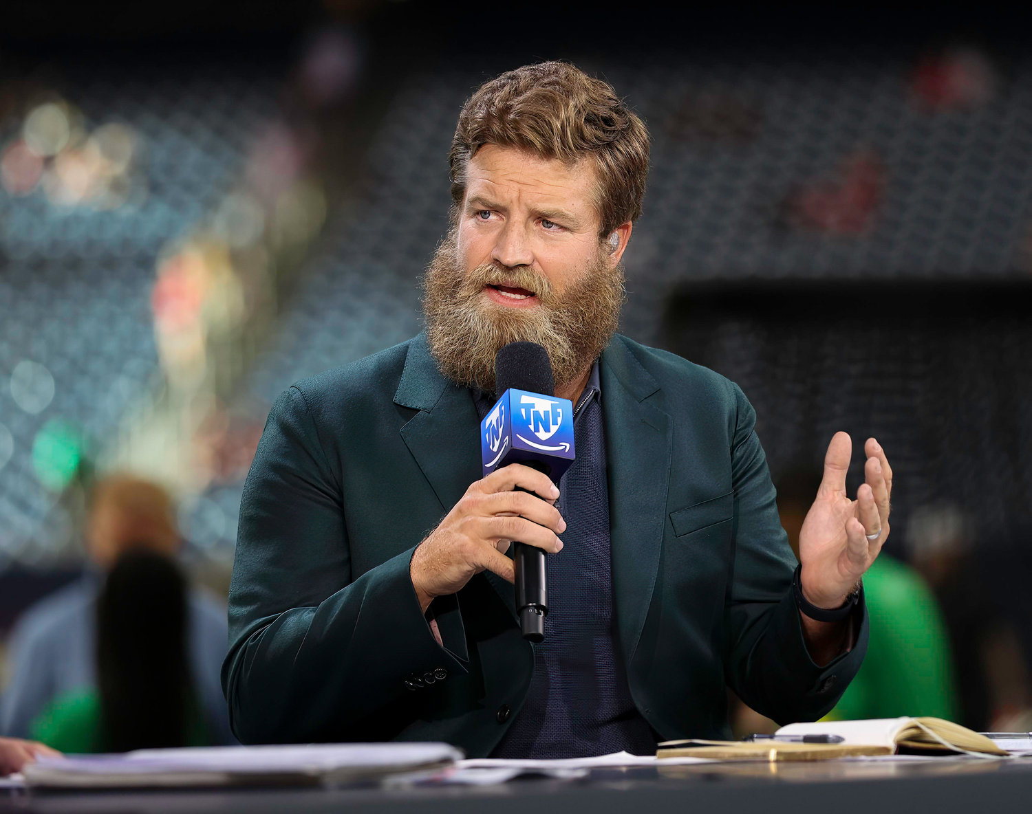 Former NFL quarterback Ryan Fitzpatrick on Amazon’s Thursday Night Football pregame show before the start of a preseason game between the Texans and the 49ers in Houston, Texas, on August 25, 2022.