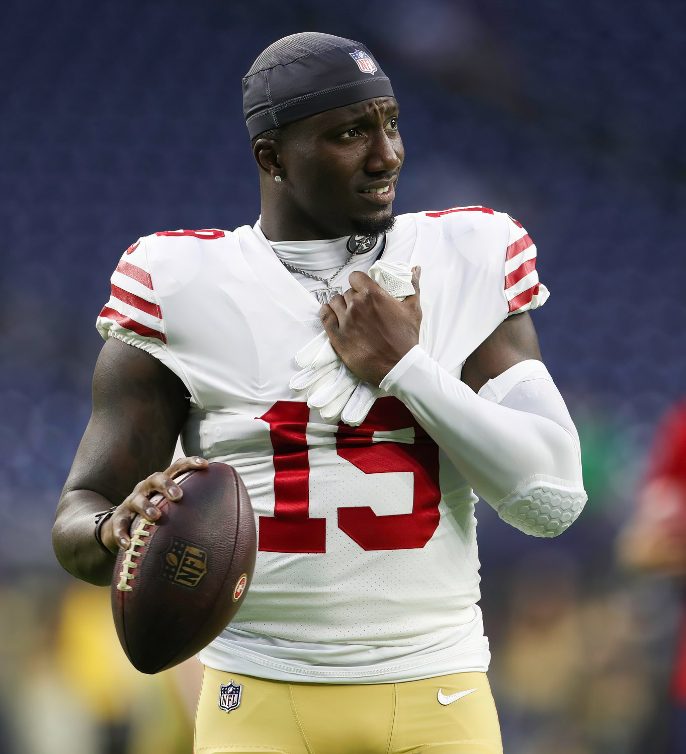 San Francisco 49ers wide receiver Deebo Samuel (19) before the start of an NFL preseason game between the Texans and the 49ers in Houston, Texas, on August 25, 2022.