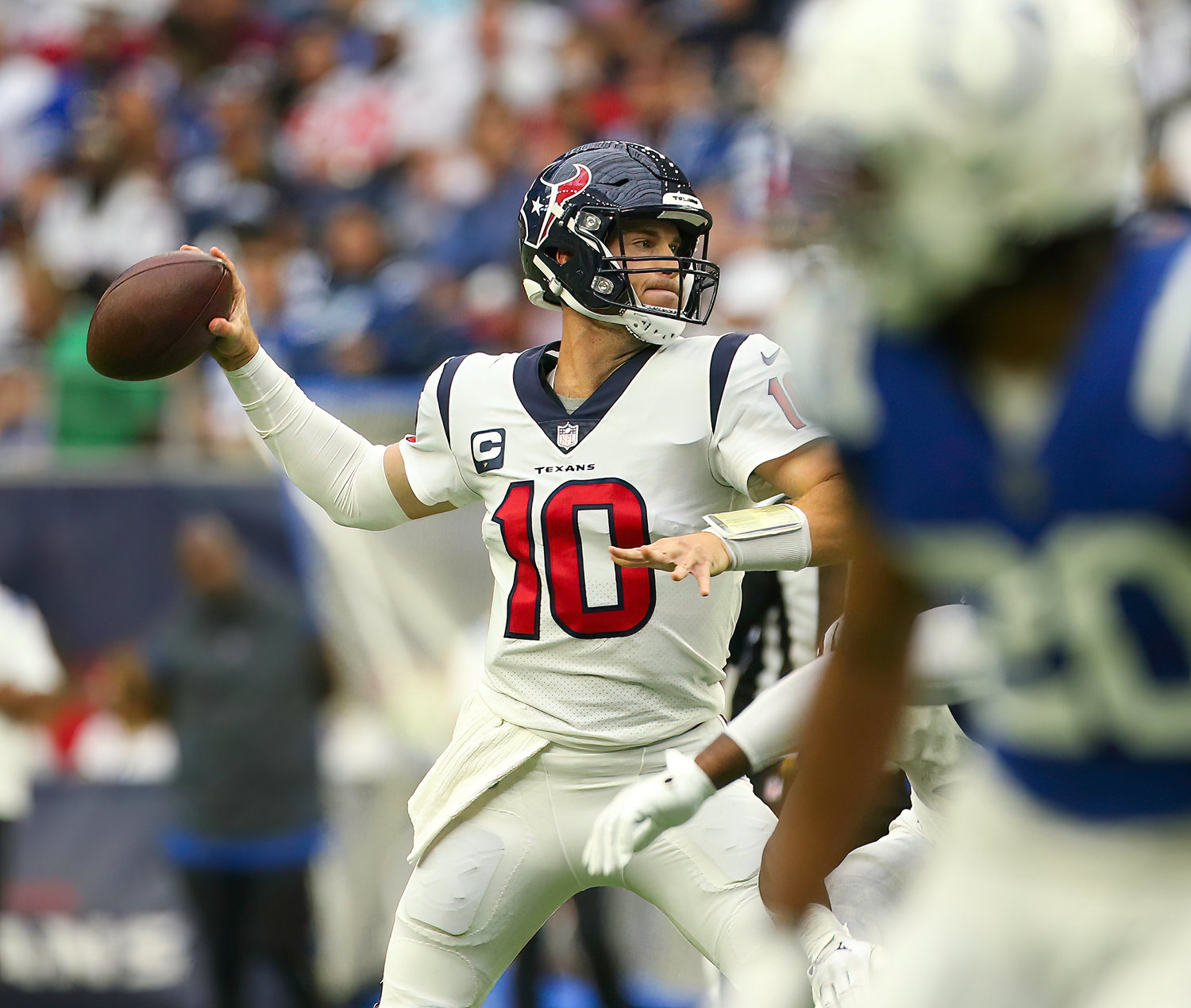 Houston Texans quarterback Davis Mills (10) passes the ball during an NFL game between the Texans and the Colts on September 11, 2022 in Houston. The game ended in a 20-20 tie after a scoreless overtime period.