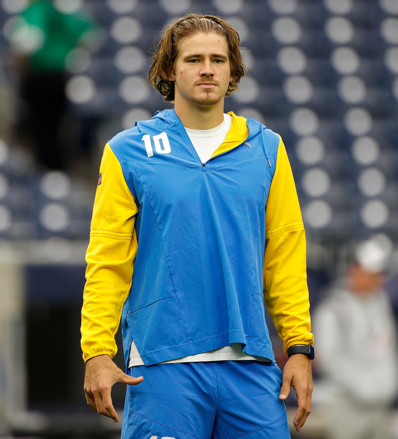 Chargers quarterback Justin Herbert (10) on the field during warmups before an NFL game between the Texans and the Chargers on Oct. 2, 2022 in Houston.