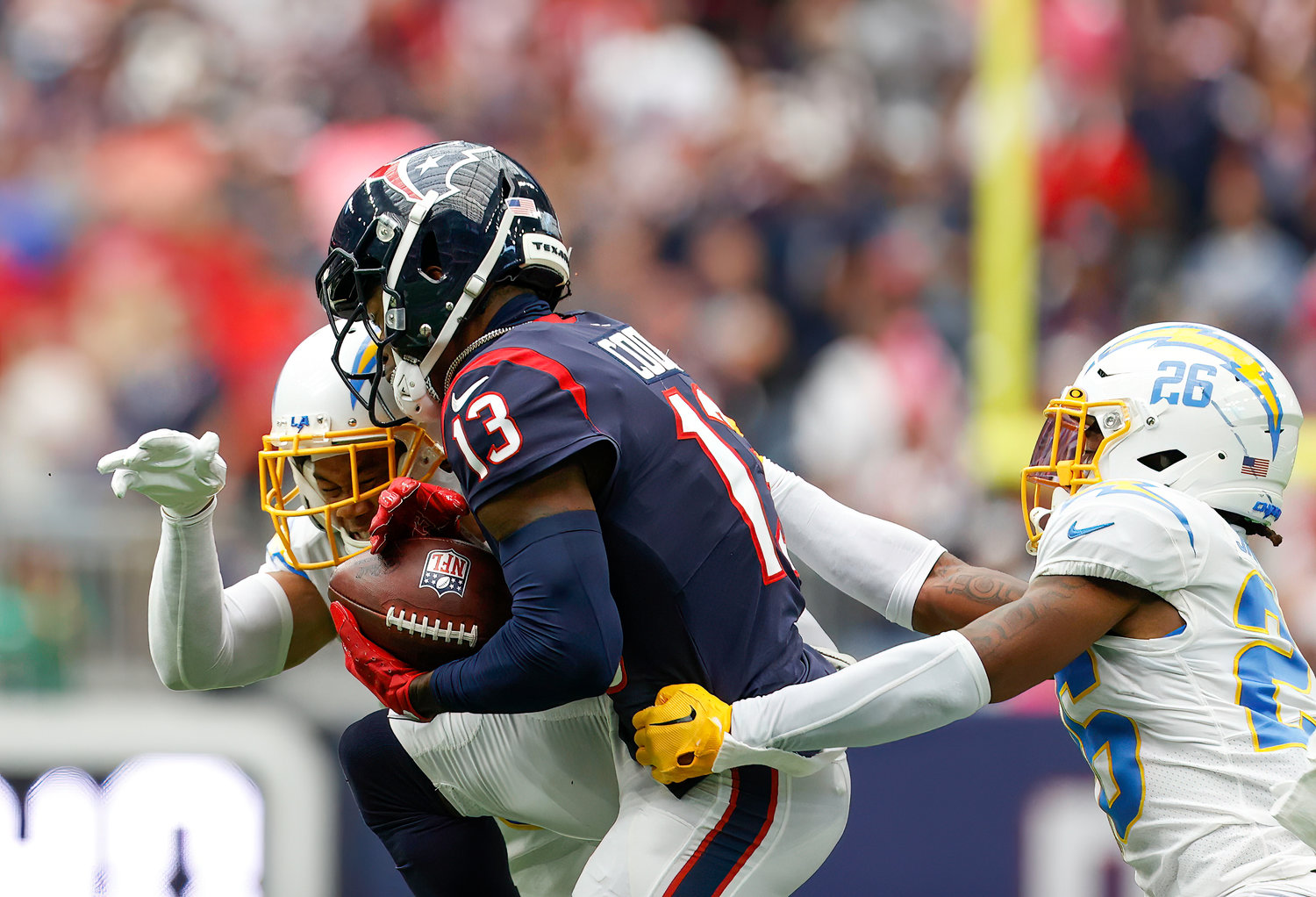 Texans wide receiver Brandin Cooks (13) makes a catch during an NFL game between the Texans and the Chargers on Oct. 2, 2022 in Houston. The Chargers won 34-24.