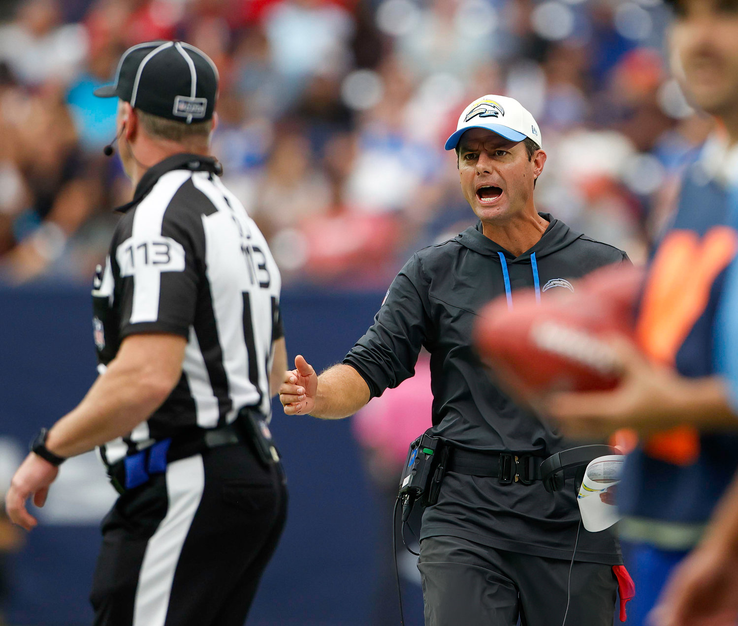 Chargers head coach Brandon Staley reacts to a no-call during an NFL game between the Texans and the Chargers on Oct. 2, 2022 in Houston. The Chargers won 34-24.