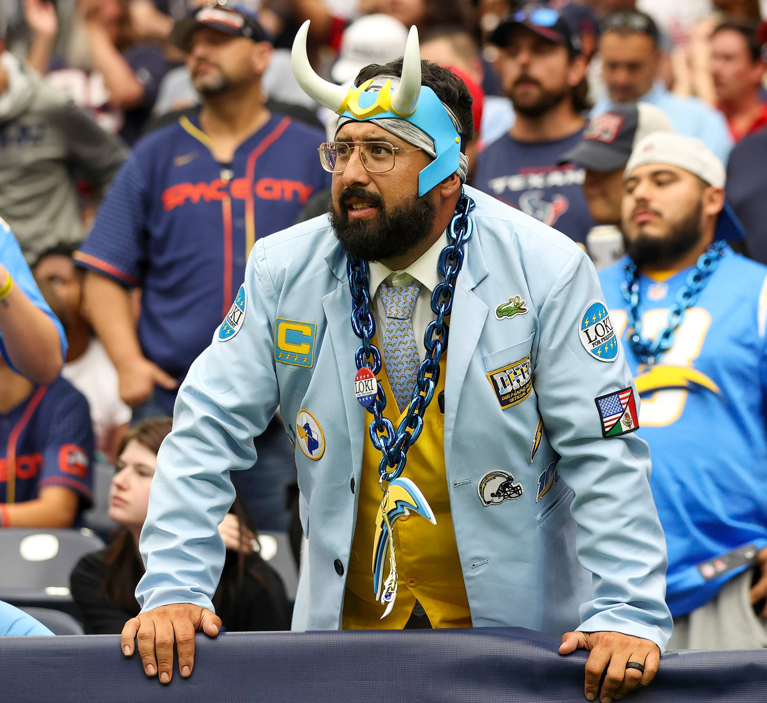 A Los Angeles Chargers fan during an NFL game between the Texans and the Chargers on Oct. 2, 2022 in Houston. The Chargers won 34-24.