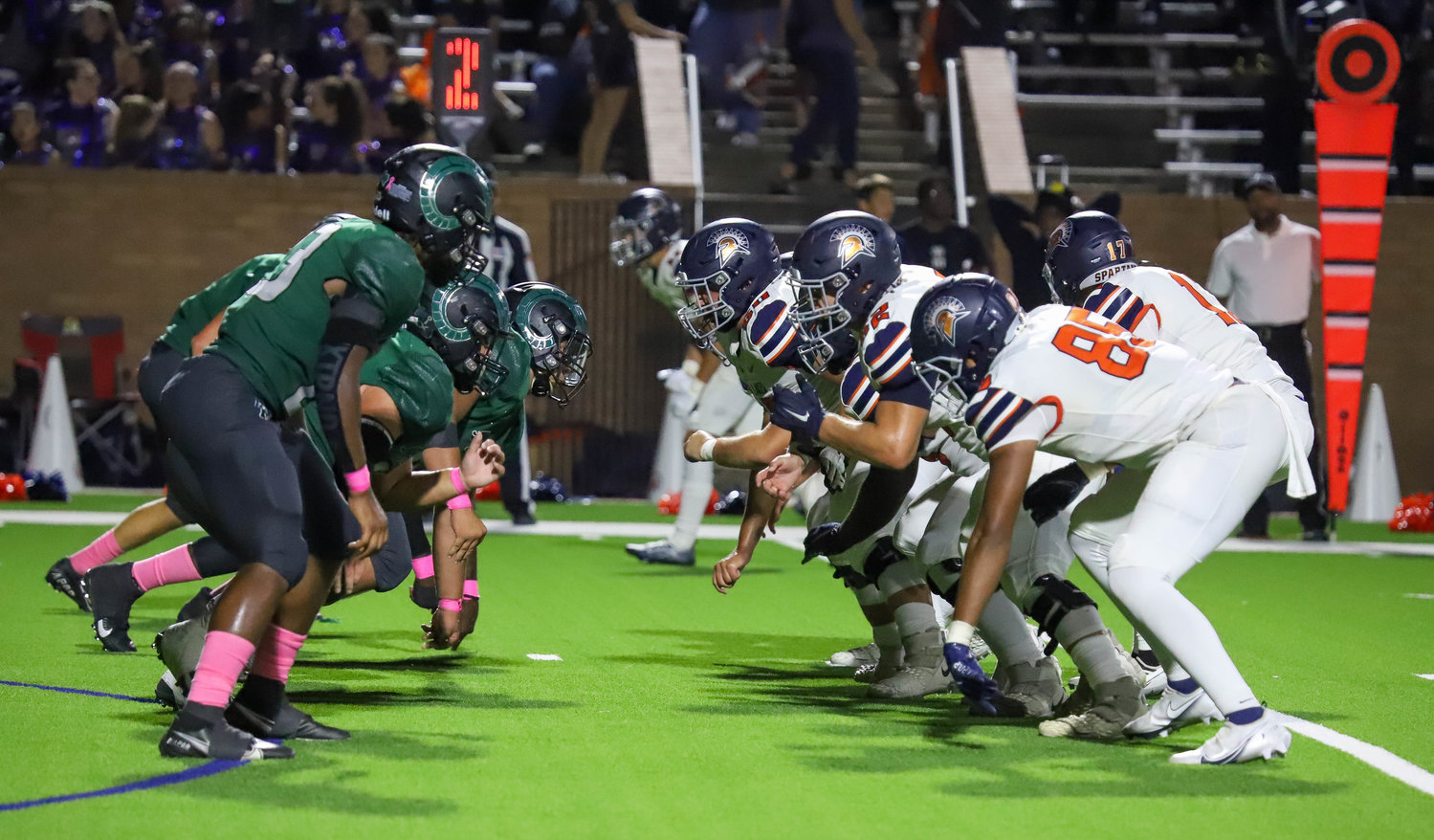 Seven Lakes and Mayde Creek's lineman take off at the snap of the ball.