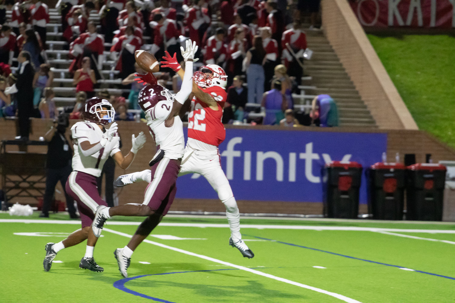 Katy's Adam Jackson brings in a catch while being covered by Cinco Ranch's Superior Hill during Friday's game between Katy and Cinco Ranch at Rhodes Stadium.