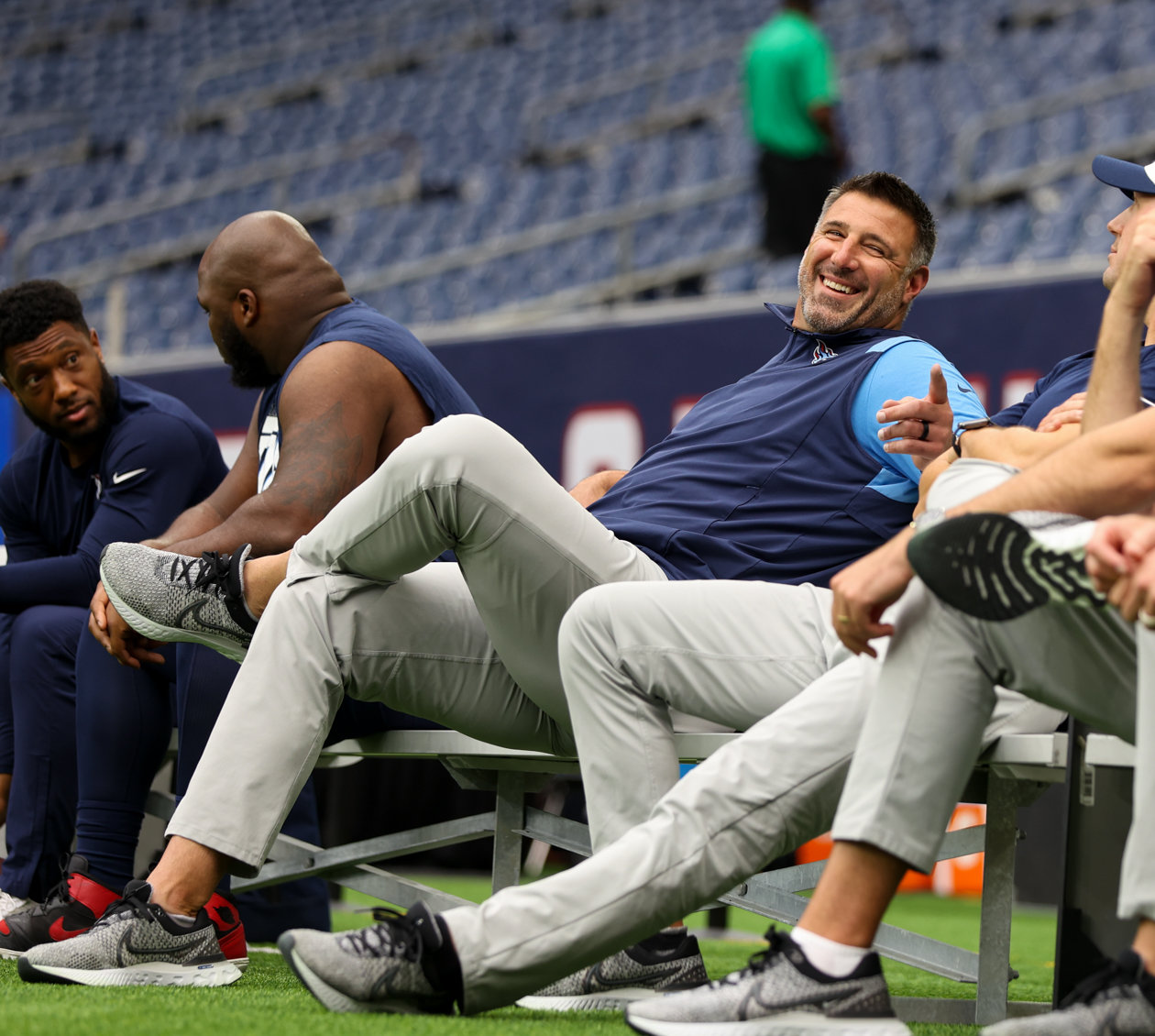 Titans head coach Mike Vrabel before the start of an NFL game between the Texans and the Titans on Oct. 30, 2022 in Houston.