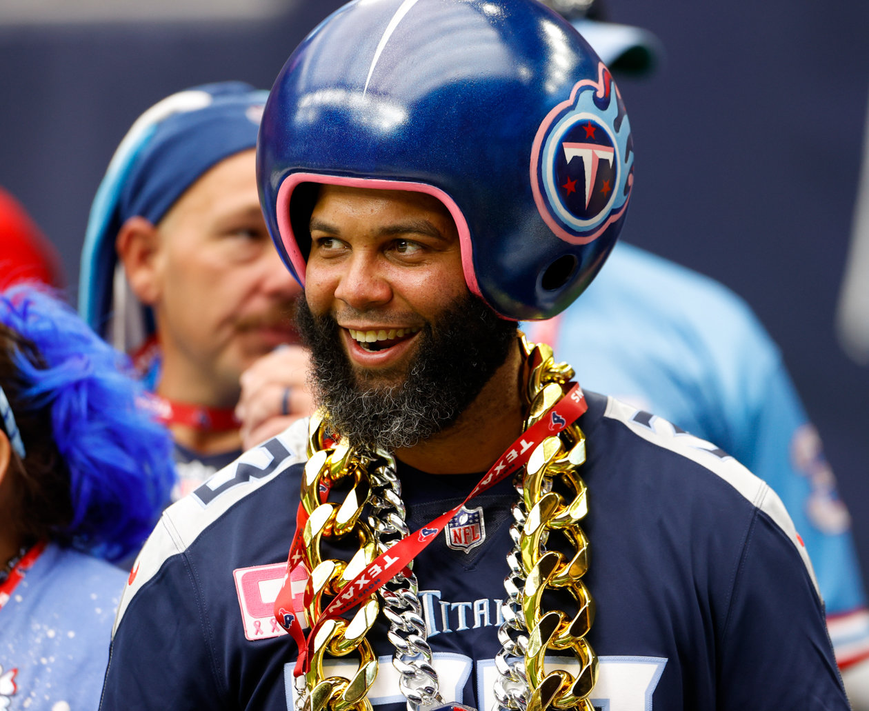 A Tennessee Titans fan before the start of an NFL game between the Texans and the Titans on Oct. 30, 2022 in Houston.