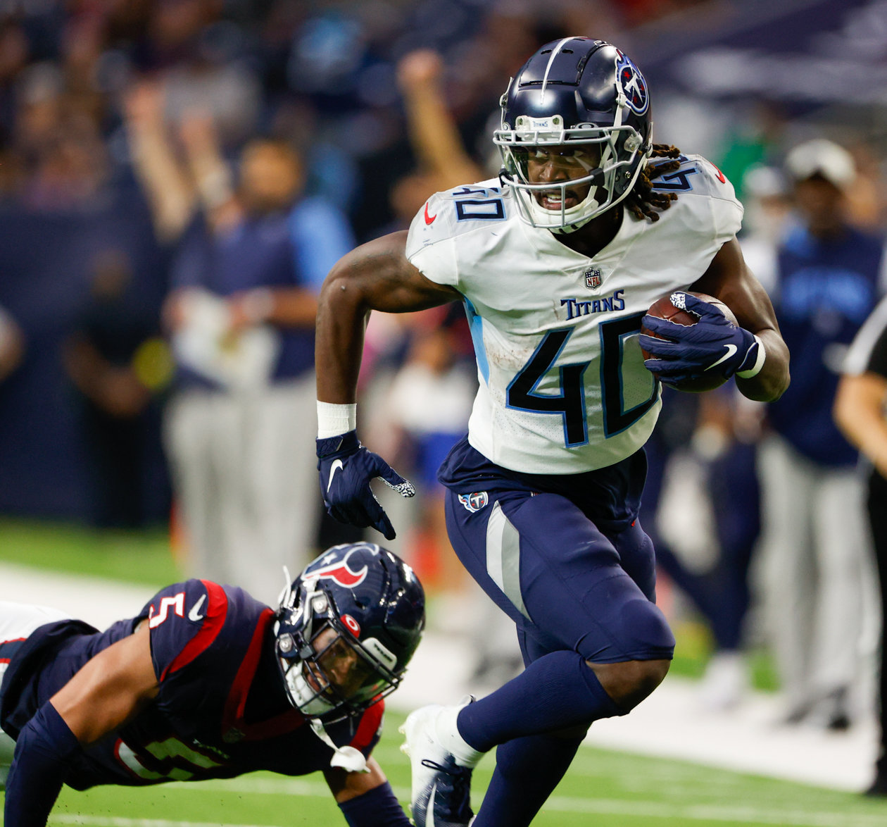 Titans running back Dontrell Hilliard (40) carries the ball during an NFL game between the Texans and the Titans on Oct. 30, 2022 in Houston.