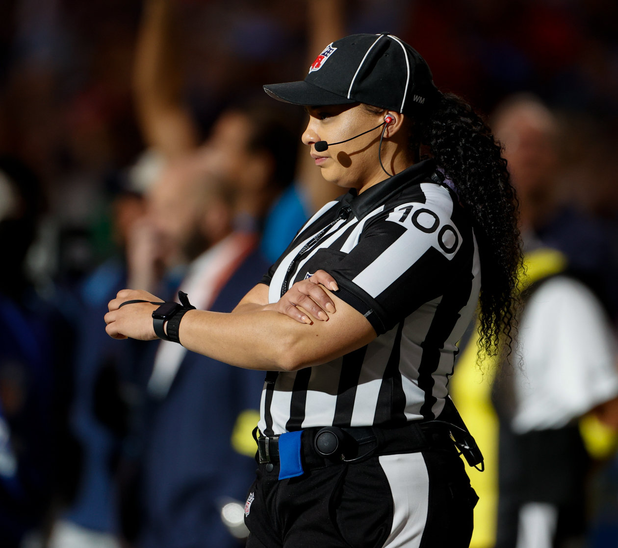 Line judge Maia Chaka (100) during an NFL game between the Texans and the Titans on Oct. 30, 2022 in Houston.