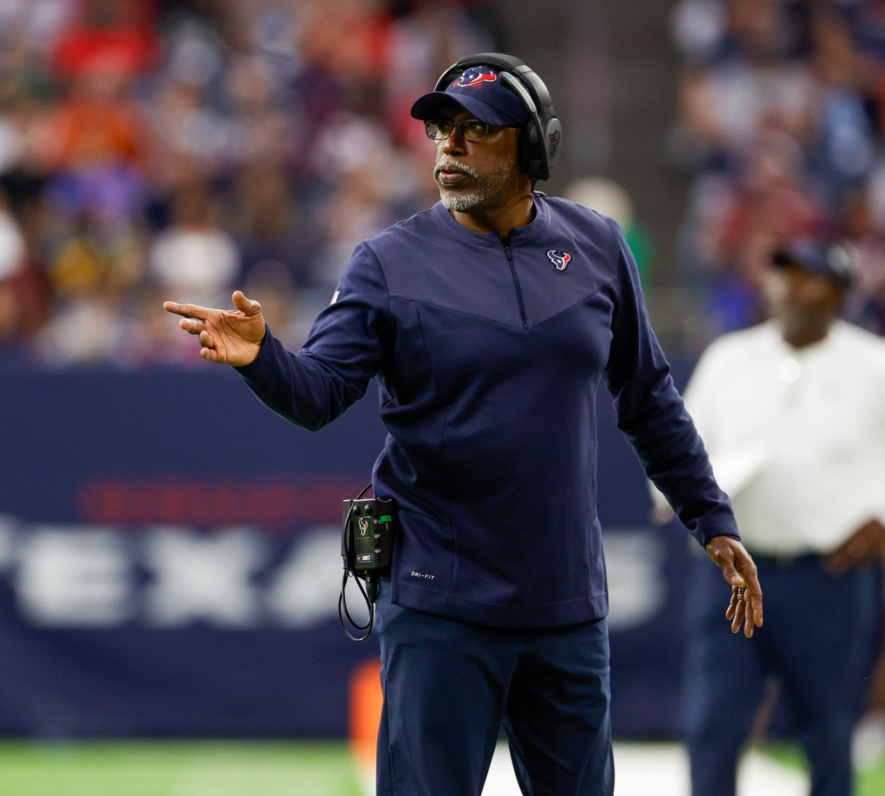 Texans running backs coach Danny Barrett during an NFL game between the Texans and the Titans on Oct. 30, 2022 in Houston.