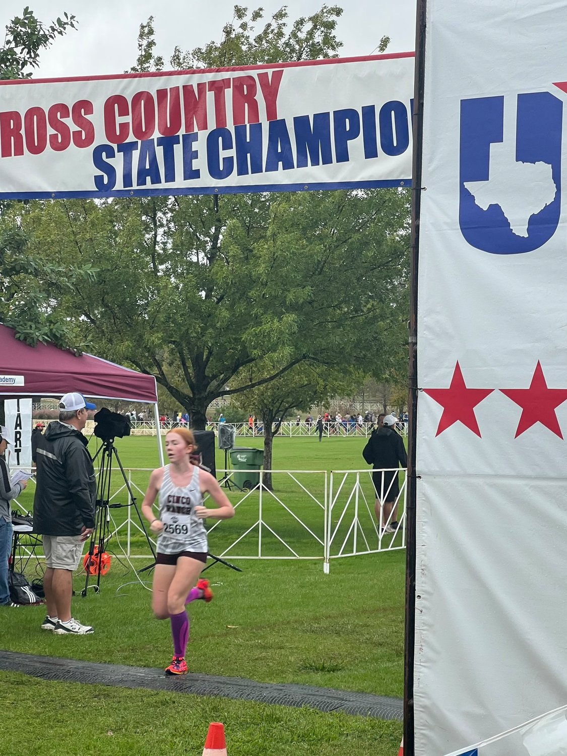 A Cinco Ranch runner finishes at Friday’s state meet.