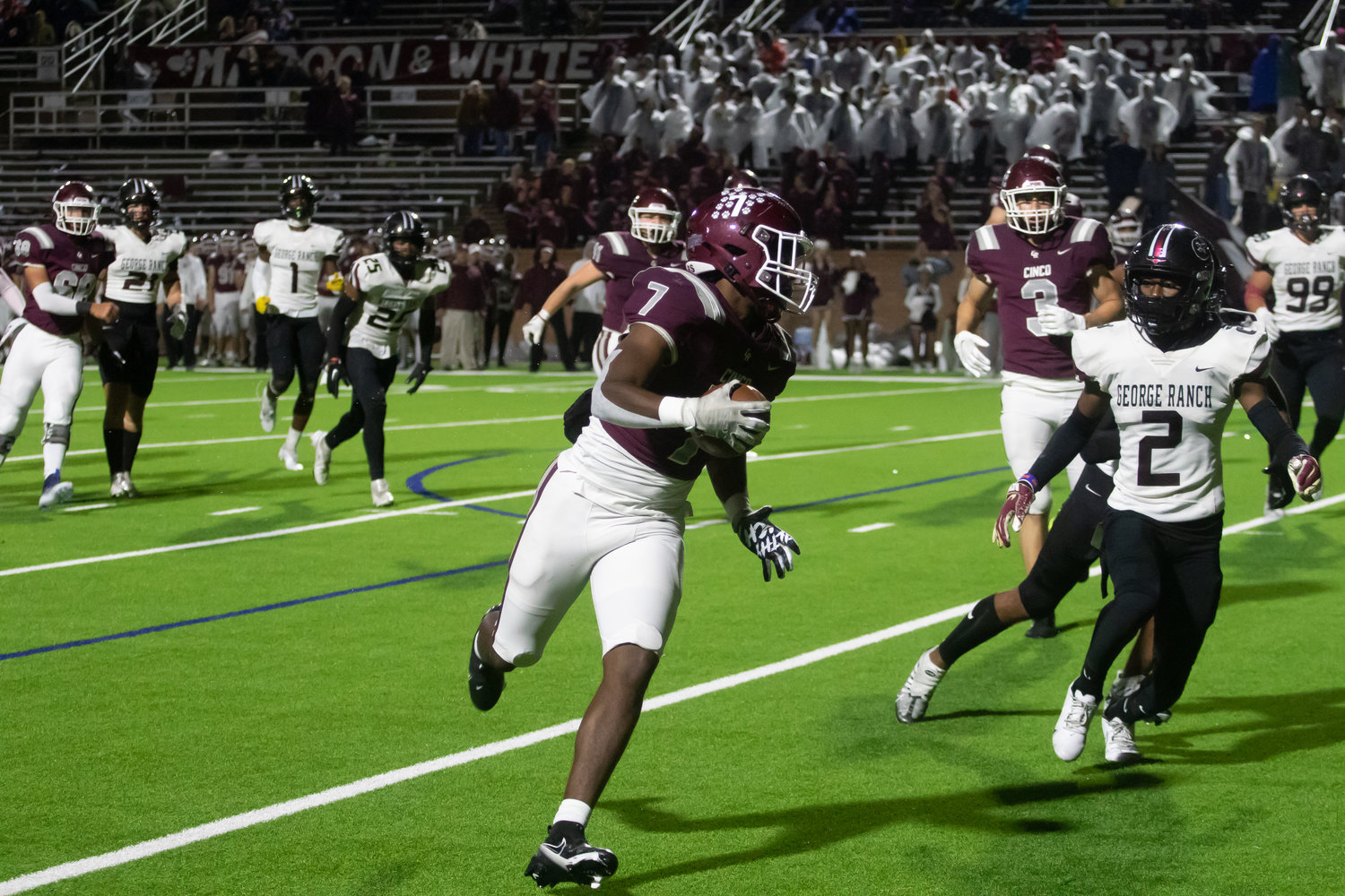 Sam McKnight runs in a touchdown during Friday's game between Cinco Ranch and George Ranch at Rhodes Stadium.