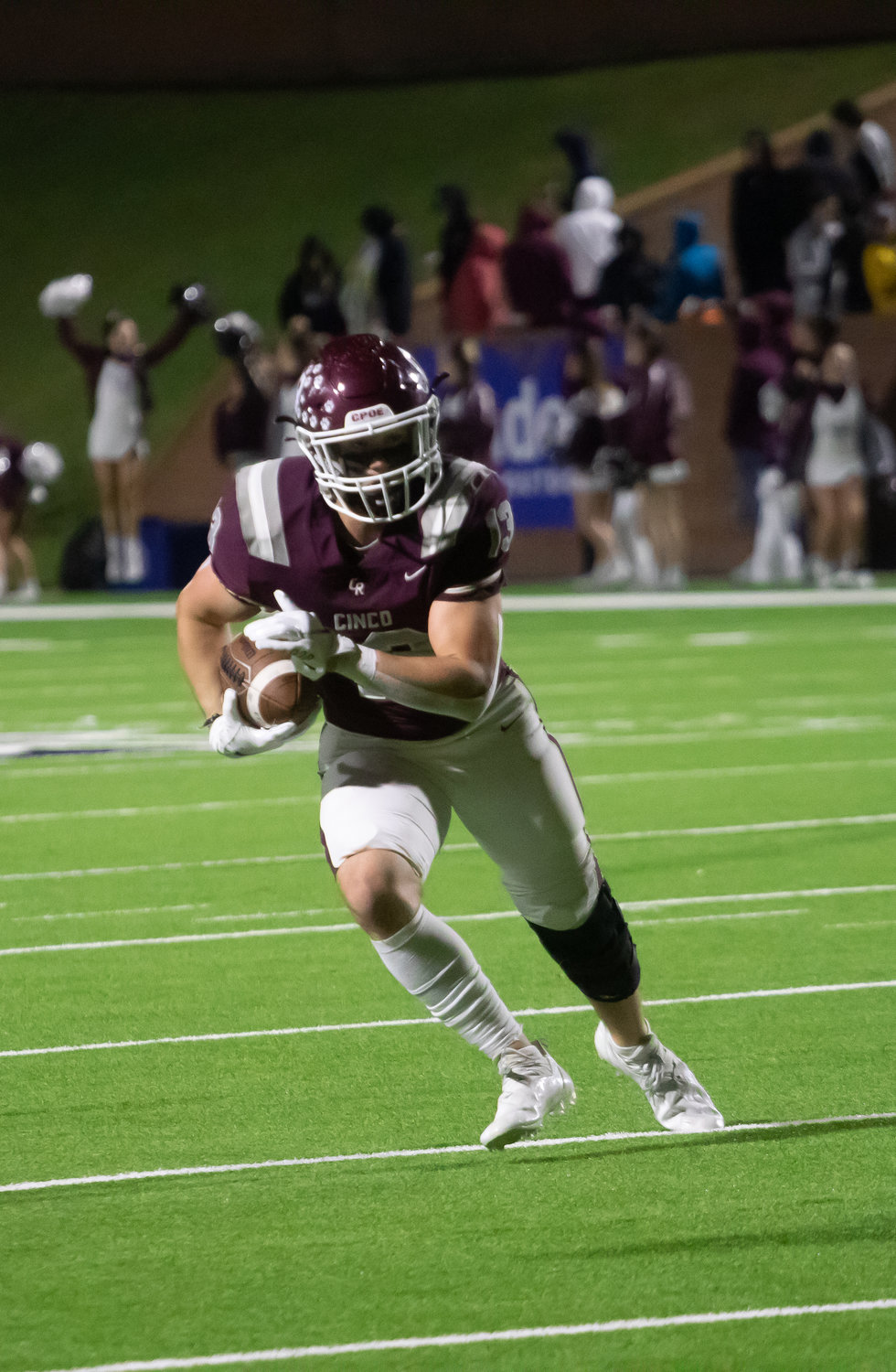 Fischer Reed makes a catch during Friday's game between Cinco Ranch and George Ranch at Rhodes Stadium.