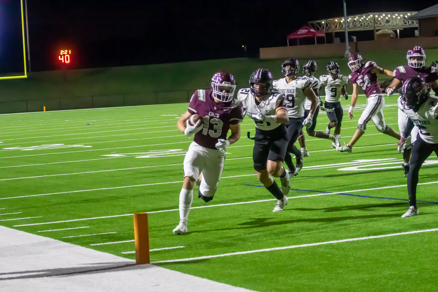 Fischer Reed scores a touchdown on Friday during Friday's game between Cinco Ranch and George Ranch at Rhodes Stadium.