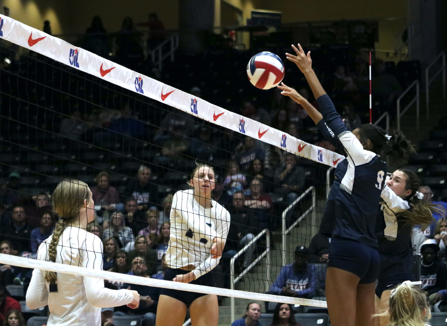 Skylar Skrabanek attempts a kill during Friday's Class 6A State Semifinal between Tompkins and Keller on Friday at the Curtis Culwell Center in Garland.